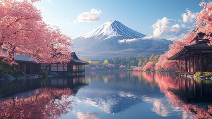 Mount Fuji's grandeur reflected in a calm lake, with cherry blossoms in full bloom