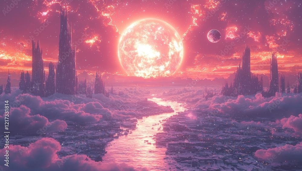 Poster a magical scene displaying high, sharp structures emerging from a pasture of colorful planets, with 