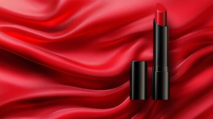 Obraz premium Glamorous red lipstick against a luxurious red silk background.