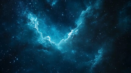 A mesmerizing cosmic scene filled with vibrant blue clouds and twinkling stars, evoking feelings of wonder and infinity.