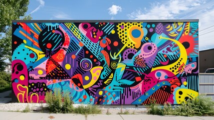 Illustration of A modern street art mural with bold dot fonts in neon colors, creating a dynamic and edgy vibe. Ai Generate.
