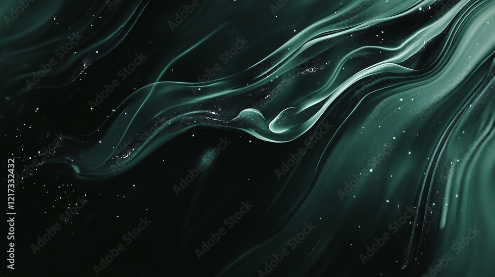 Poster abstract flowing waves in dark green hues with shimmering particles, creating a serene and mystical 