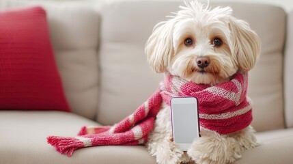 Petfluencer concept. A cute dog wrapped in a cozy scarf holds a smartphone, sitting on a couch in a warm, inviting living room.