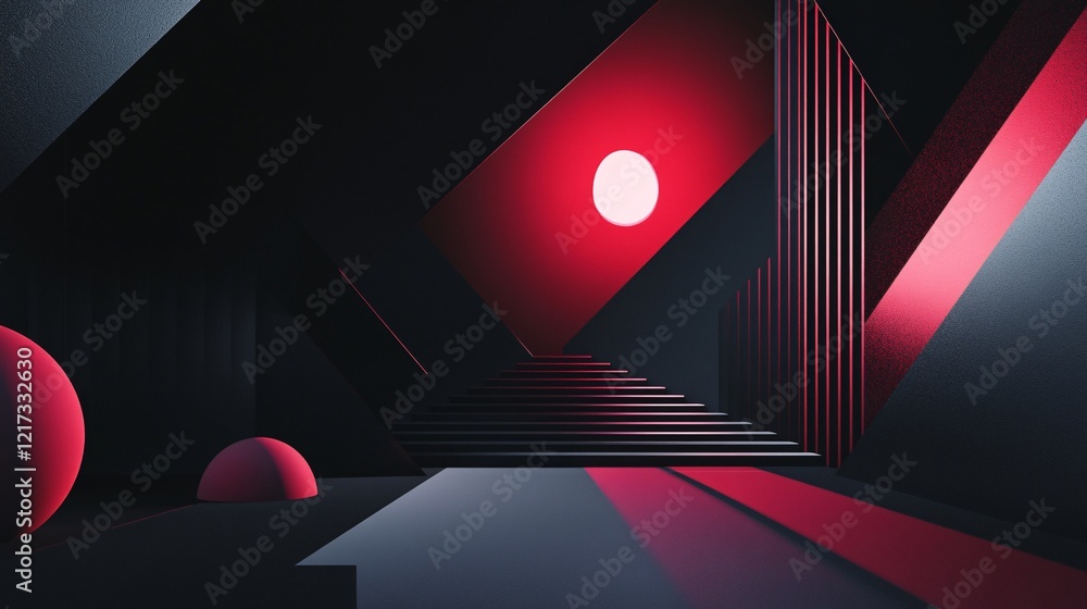 Poster abstract composition featuring geometric shapes and striking red lighting in a dark setting.