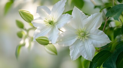 Fototapeta premium Elegant White Blooms with Green Buds in Soft Natural Light