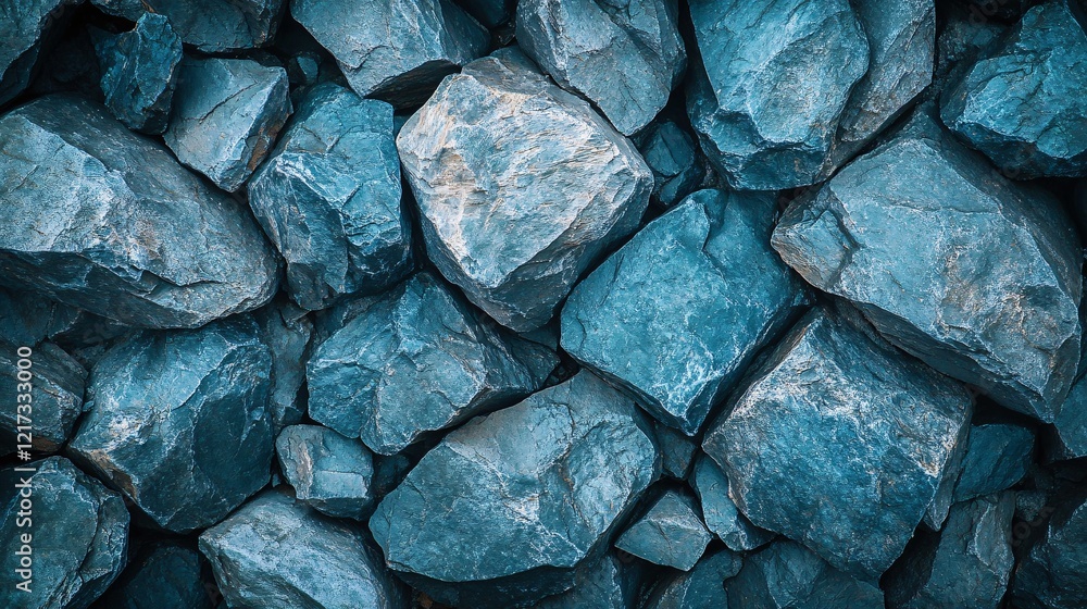 Poster a close-up view of textured blue rocks, showcasing various sizes and shapes.