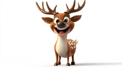 A cheerful cartoon deer with large antlers, bright eyes, and a big smile, exuding joy and playfulness.