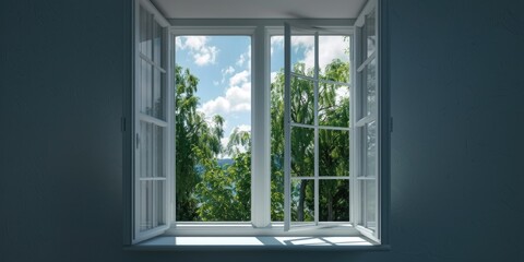 A window with a view of trees and a lake. The window is open, letting in the light and the sounds of nature. The scene is peaceful and calming, with the trees