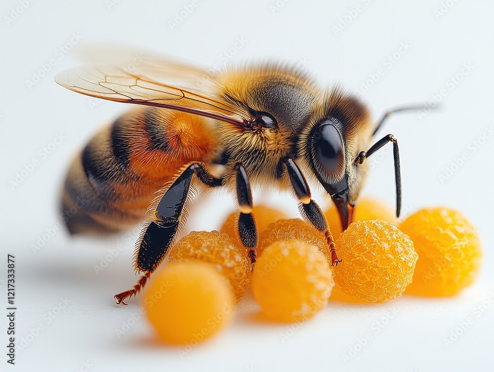 Poster a close-up of a bee interacting with orange spherical objects.