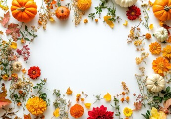 Fototapeta premium Autumn Harvest Frame with Colorful Pumpkins and Vibrant Flowers Against a White Background, Ideal for Seasonal Designs and Celebrations