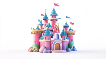A vibrant and whimsical fairy tale castle featuring pink walls and colorful towers, adorned with flags fluttering in the wind.