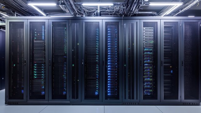 Modern data center server room with many racks.
