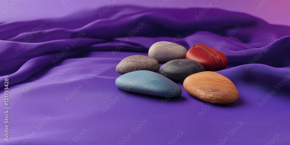 Poster a collection of colorful stones on a purple background. the stones are of various sizes and colors, 