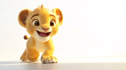 A cheerful young lion cub with bright eyes and a playful expression, running joyfully against a light background.