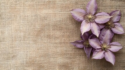 Fototapeta premium Delicate purple flowers arranged on a textured burlap background