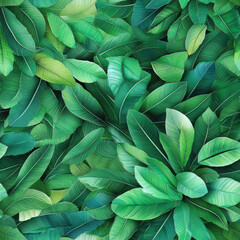 Lush green leaves create vibrant, seamless pattern, showcasing various shades of green and textures, perfect for nature themed designs