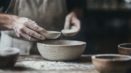 Fototapeta premium Artisan potter skillfully shaping clay bowls in a rustic workshop, dust floating in sunlight