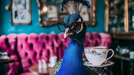 Peacock tea party, vintage interior, glasses, elegant