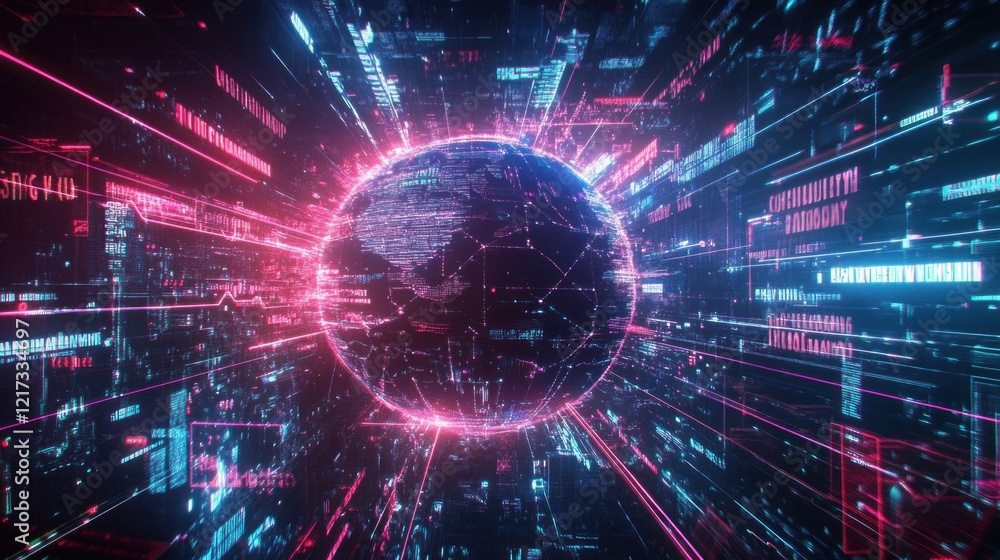 Wall mural futuristic digital globe with glowing data streams.