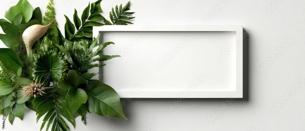 Poster arranging greenery and blank frame indoor setting nature composition minimalist design close-up view
