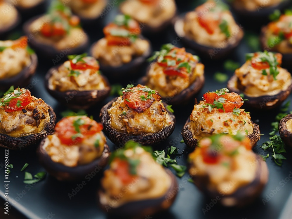 Poster a plate of appetizers with mushrooms and herbs. the mushrooms are in a variety of sizes and are topp