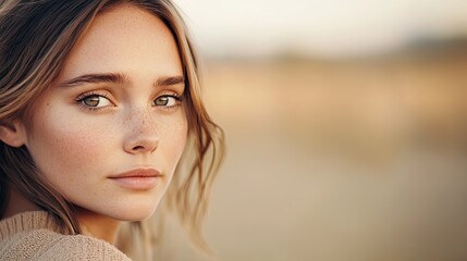 Fototapeta premium close-up of young woman looking into distance with mix of curiosity and uncertainty capturing moment of self-reflection