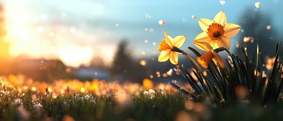 Spring blossoms daffodils in bloom at sunset nature scene tranquil landscape vibrant colors
