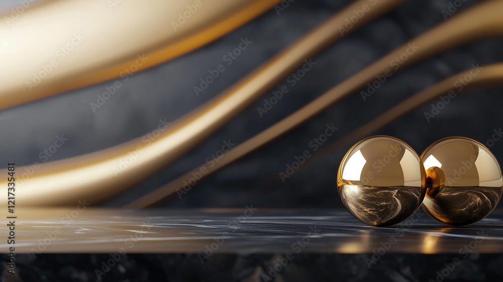 Poster golden spheres on marble surface with abstract flowing background