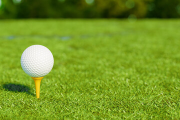 A golf ball on a tee, ready for play on a sunny day. 3d rendering