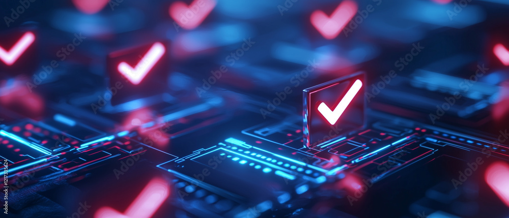 Aufkleber Red checkmarks on digital circuit board, symbolizing verification