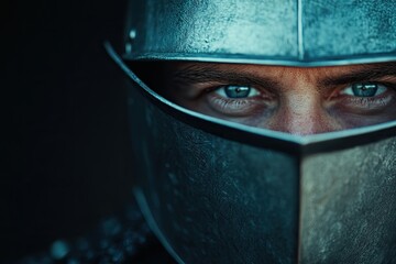 detailed close-up of knight visor partially raised to reveal piercing eyes beneath shadowed steel with copy space