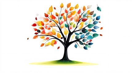 A vibrant, colorful tree with autumn leaves showcasing shades of red, yellow, orange, and green.