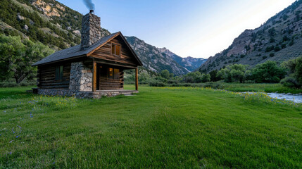 Fototapeta premium Charming Rustic Cabin Nestled in Lush Green Valley Surrounded by Majestic Mountains