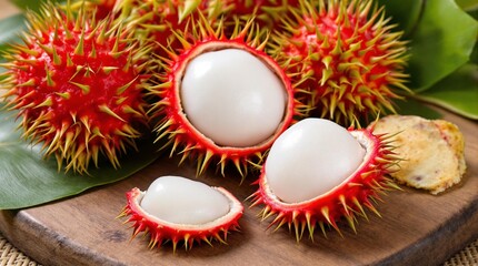 A close-up of fresh rambutan fruits