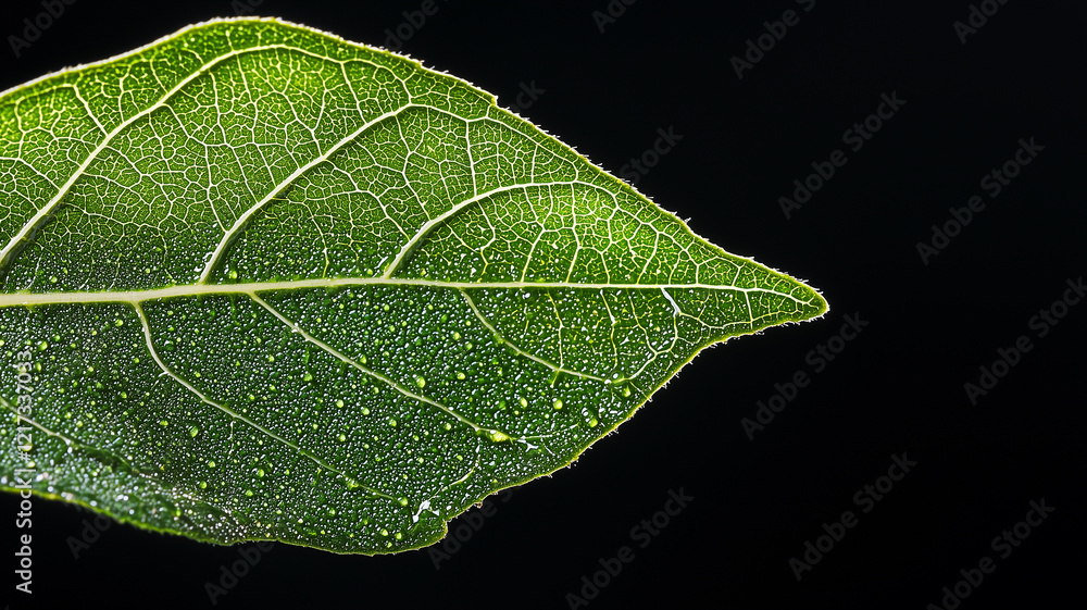 Poster macro shot of leaf with visible water droplets on dark background