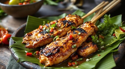 A close-up of traditional Lombok fish satay (sate ikan) served on bamboo skewers
