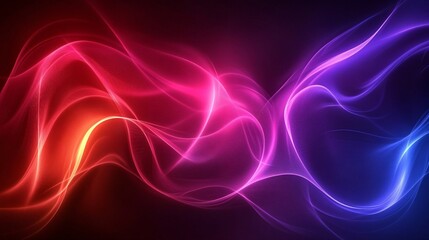 Abstract flowing waves in vibrant shades of pink, purple, and blue create a dynamic backdrop.
