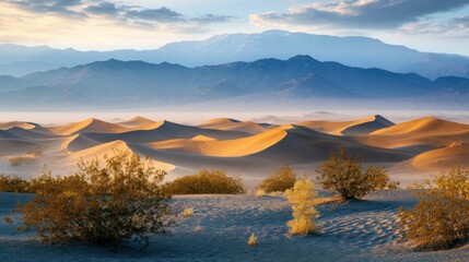 Sunrise over desert sand dunes and mountains.