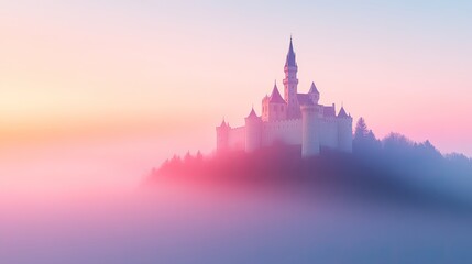 grand medieval castle atop hill surrounded by misty forests warm sunrise light hitting its stone walls copy space