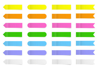 Set of long thin paper stickers. Pointed bookmarks. Stick in notes. Neon shades of green, purple, blue, white, yellow, orange and pink. Multicolor post it notes. Rounded tags, sticky note.