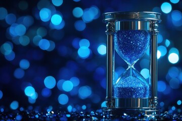 Blue Glitter Hourglass Against Blue Bokeh Background