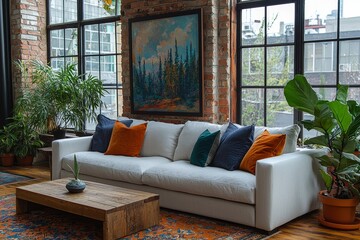 A cozy bohemian eco living room featuring a floor-to-ceiling window, vibrant pillows and throws adorning the sofa, and framed floral artwork showcased on the gray wall