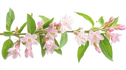 Delicate pink flowers with green leaves on a branch, showcasing the beauty of spring.