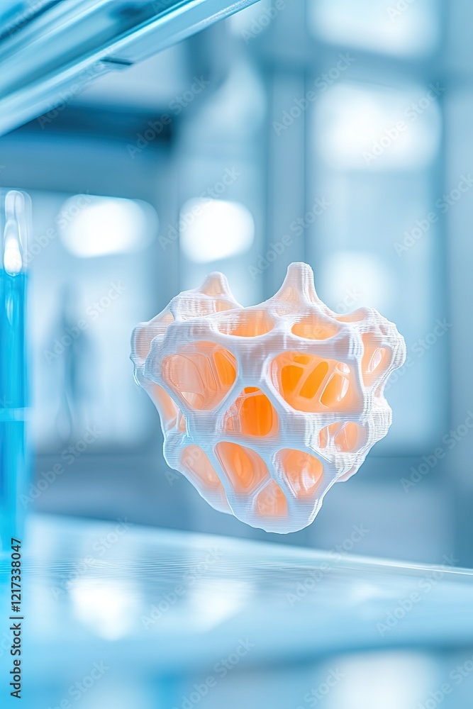 Poster macro view of 3d-printed synthetic organ under laboratory analysis softly illuminated by sterile blu