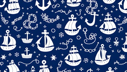 Nautical Ships Anchors Rope Seamless Pattern Design