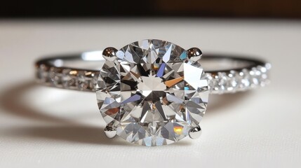 Close-up of a diamond solitaire ring with exquisite detailing displayed in a luxury boutique.