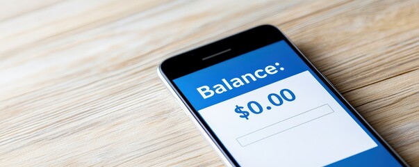 emergency cash assistance concept. Smartphone displaying a zero balance on a financial app against a wooden background.