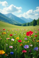Field of forget me nots with wildflowers and grasses, wildflower, landscape