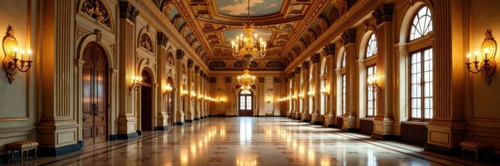 Fototapeta premium Grand hall with frescoed ceilings and ornate chandeliers, art deco, gilded, elegance