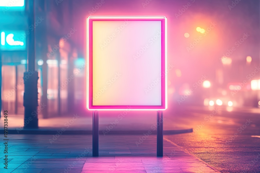 Poster minimalistic empty sign in urban setting illuminated by vibrant neon lights creates striking visual